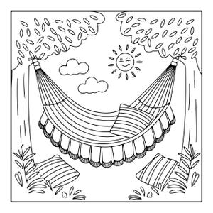May include: A black and white line art illustration of a hammock suspended between two trees. The scene includes a smiling sun, two clouds, a pillow inside the hammock, and two additional pillows resting on the ground among foliage.