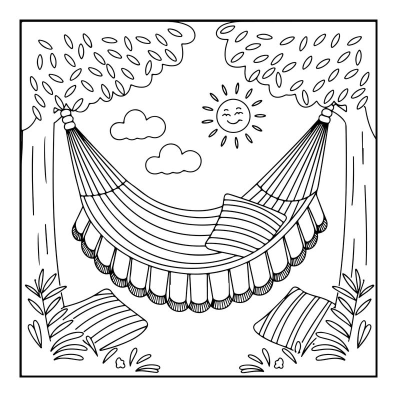 May include: A black and white line art illustration of a hammock suspended between two trees. The scene includes a smiling sun, two clouds, a pillow inside the hammock, and two additional pillows resting on the ground among foliage.