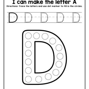 A printable worksheet featuring dotted tracing guidelines for the letter D and a large outline of the letter D filled with circles above the text D is for Dog.