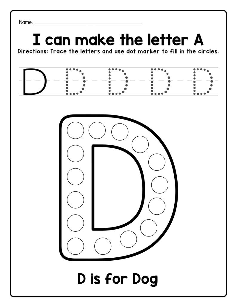 A printable worksheet featuring dotted tracing guidelines for the letter D and a large outline of the letter D filled with circles above the text D is for Dog.