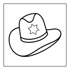 May include: A black and white line art illustration of a sheriff hat. The hat features a wide brim, a rounded crown with a distinct indentation at the top, and a prominent six-pointed star badge centred on the front of the crown above the hatband.