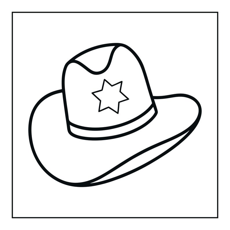 May include: A black and white line art illustration of a sheriff hat. The hat features a wide brim, a rounded crown with a distinct indentation at the top, and a prominent six-pointed star badge centred on the front of the crown above the hatband.
