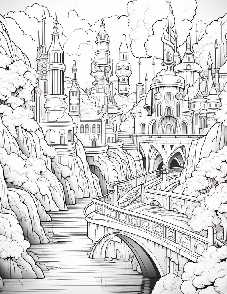 Fantasy City Coloring Book | Whimsical Rainbow Pages, Magical World (PDF Download) image 2