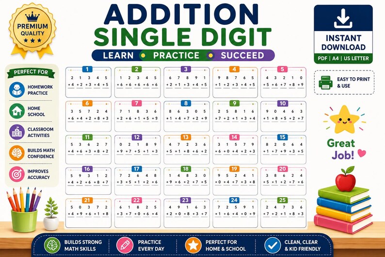 May include: A printable educational worksheet titled ADDITION SINGLE DIGIT featuring twenty-five numbered boxes with math problems. The layout includes colourful icons, a stack of four books with a red apple on top, and a pencil holder with coloured pencils.
