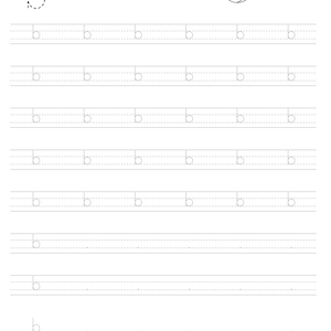 May include: A white educational worksheet for practicing the lowercase letter b. The page features a large dashed letter b, the word ball, a line drawing of a ball, and multiple rows of dashed letter b characters for tracing and handwriting practice.