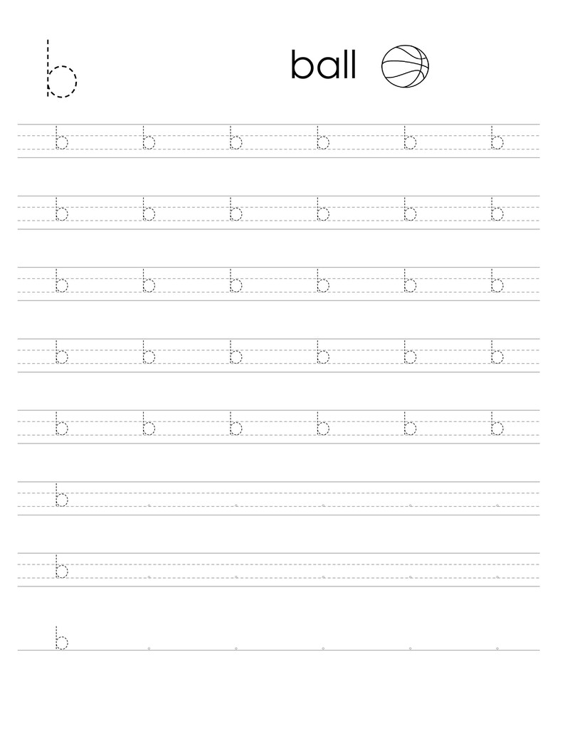 May include: A white educational worksheet for practicing the lowercase letter b. The page features a large dashed letter b, the word ball, a line drawing of a ball, and multiple rows of dashed letter b characters for tracing and handwriting practice.