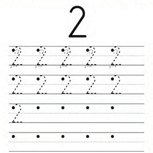 Peut inclure: Une feuille d'exercices &eacute;ducative en noir et blanc intitul&eacute;e Number Tracing The Number 2. Elle pr&eacute;sente un grand chiffre 2 en haut, suivi de trois lignes de chiffres 2 en pointill&eacute;s avec des fl&egrave;ches directionnelles et des points.