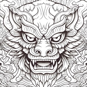Puede incluir: Una ilustraci&oacute;n de arte lineal en blanco y negro que presenta una cabeza de criatura estilizada con dientes afilados, ojos grandes y un hocico prominente. El dise&ntilde;o est&aacute; rodeado de intrincados patrones fluidos similares a nubes que llenan todo el marco.