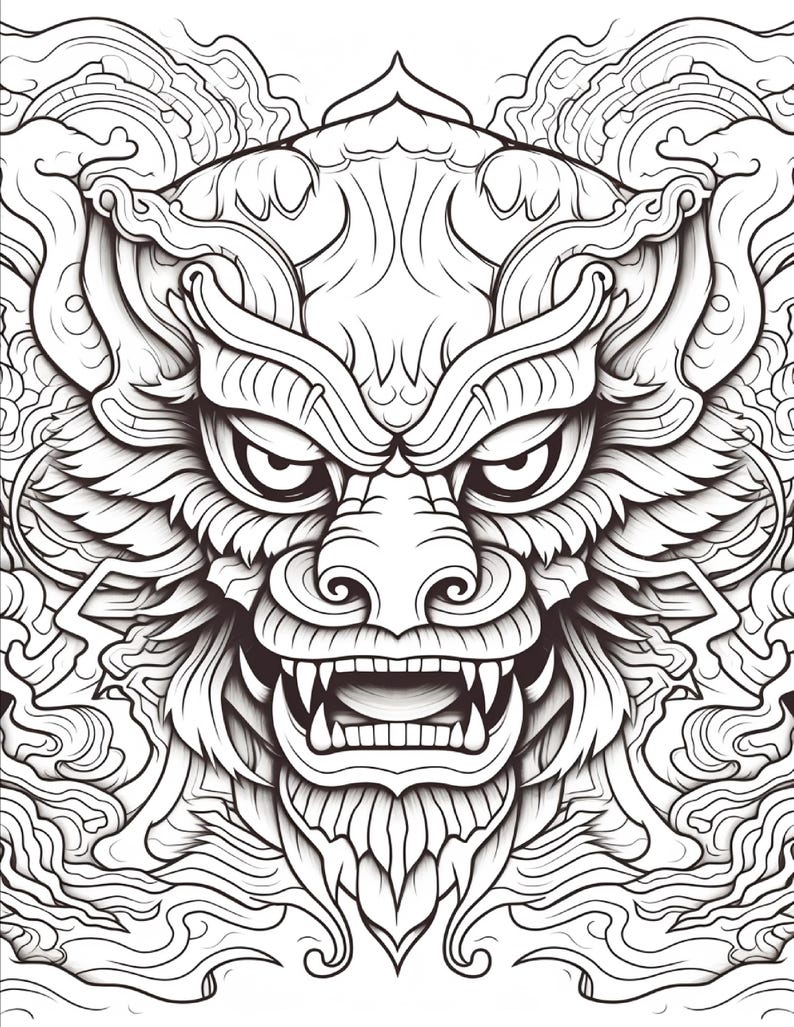 Puede incluir: Una ilustraci&oacute;n de arte lineal en blanco y negro que presenta una cabeza de criatura estilizada con dientes afilados, ojos grandes y un hocico prominente. El dise&ntilde;o est&aacute; rodeado de intrincados patrones fluidos similares a nubes que llenan todo el marco.