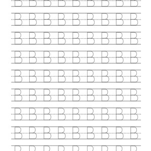 Pode incluir: Uma folha de exerc&iacute;cios educativa branca com nove linhas horizontais da letra mai&uacute;scula B. Cada letra &eacute; renderizada em um estilo de linha tracejada, posicionada entre tr&ecirc;s linhas horizontais para orientar a pr&aacute;tica de escrita da letra B.