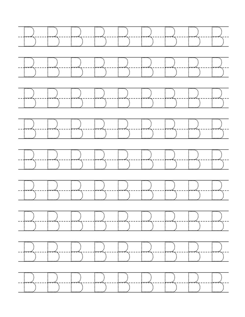 Pode incluir: Uma folha de exerc&iacute;cios educativa branca com nove linhas horizontais da letra mai&uacute;scula B. Cada letra &eacute; renderizada em um estilo de linha tracejada, posicionada entre tr&ecirc;s linhas horizontais para orientar a pr&aacute;tica de escrita da letra B.