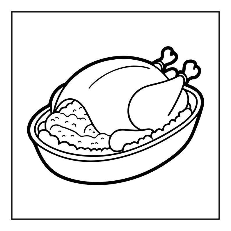 Op de afbeelding: Een zwart-witte lijntekening van een hele gebraden kip geserveerd in een ovale ovenschaal. De kip is afgebeeld met eenvoudige contouren, waarbij de drumsticks en vleugels rusten op een bedje van getextureerde vulling of bijgerecht.