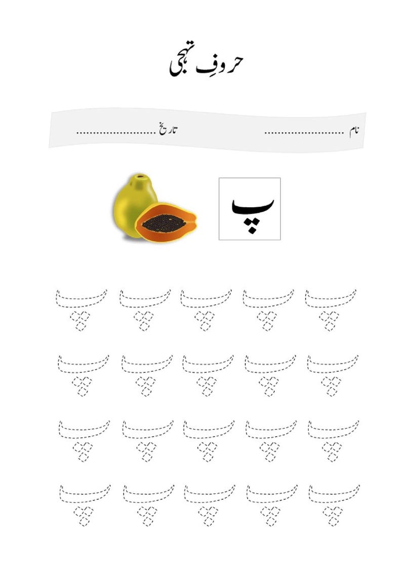 A printable Urdu letter tracing worksheet featuring the letter Pa with an image of a papaya and dotted practice rows.