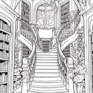 May include: A black and white line art coloring page illustration of a grand library interior featuring a central staircase, tall bookshelves filled with books, arched windows, and decorative climbing vines and tree branches.