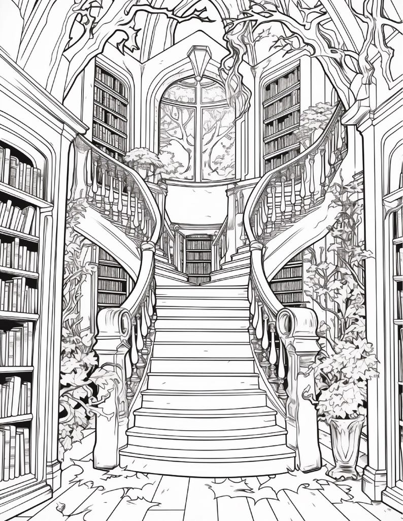 May include: A black and white line art coloring page illustration of a grand library interior featuring a central staircase, tall bookshelves filled with books, arched windows, and decorative climbing vines and tree branches.