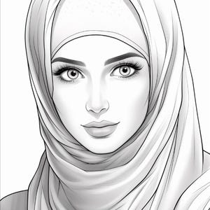 K&ouml;nnte beinhalten: Eine schwarz-wei&szlig;e digitale Illustration eines Gesichts mit Hijab. Die Person hat detaillierte Augen mit langen Wimpern, definierte Augenbrauen und einen sanften Ausdruck. Das Kopftuch f&auml;llt mit weichen Schattierungen um Kopf und Hals.