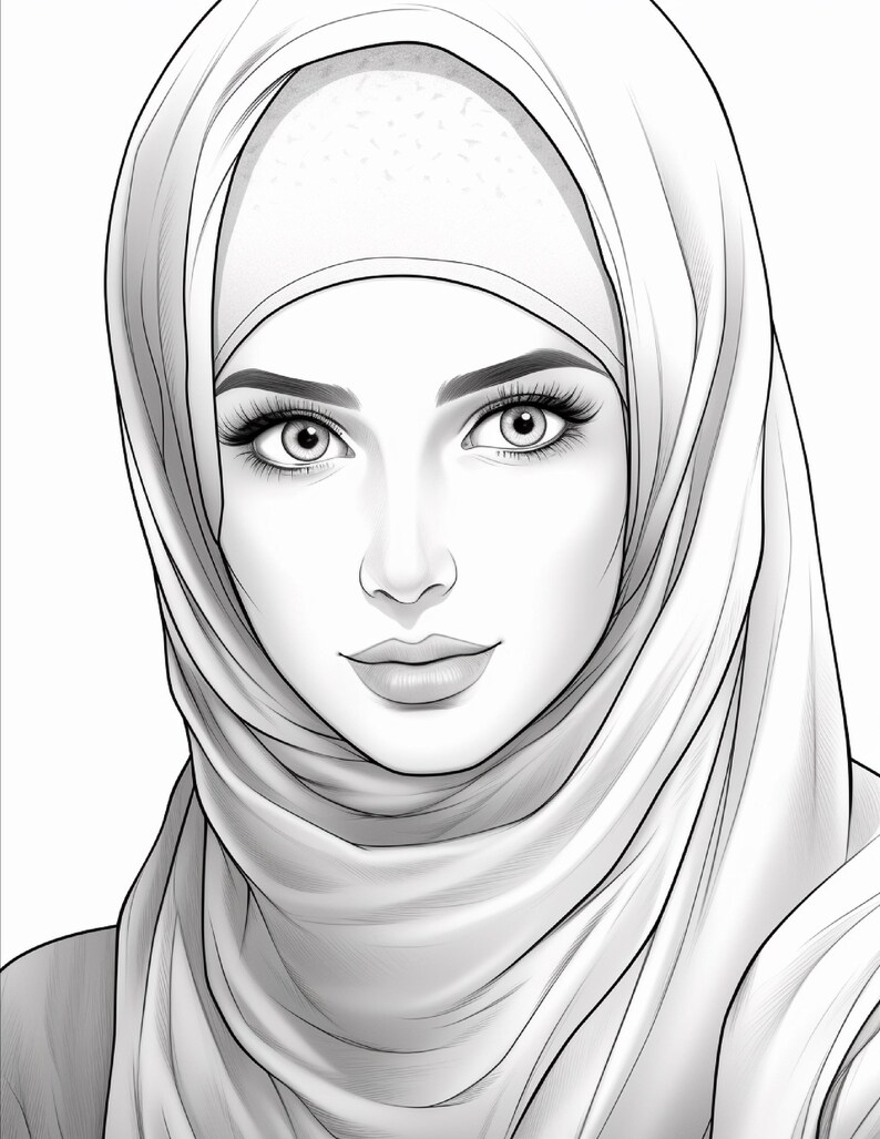 K&ouml;nnte beinhalten: Eine schwarz-wei&szlig;e digitale Illustration eines Gesichts mit Hijab. Die Person hat detaillierte Augen mit langen Wimpern, definierte Augenbrauen und einen sanften Ausdruck. Das Kopftuch f&auml;llt mit weichen Schattierungen um Kopf und Hals.