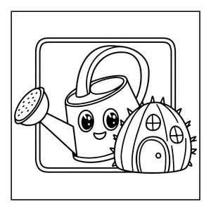 A black and white coloring page of a watering can with a smiling face next to a spiky round house.