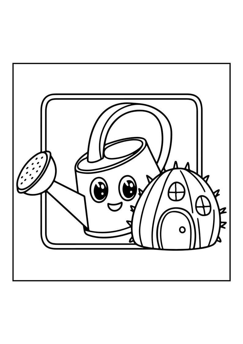 A black and white coloring page of a watering can with a smiling face next to a spiky round house.