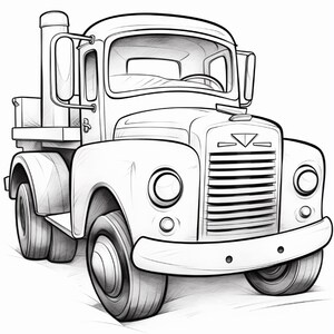 May include: A black and white line drawing of a vintage truck featuring a prominent vertical exhaust pipe, a rounded bonnet, a front grille with horizontal slats, circular headlights, and a bumper. The illustration shows the vehicle from a front angle.
