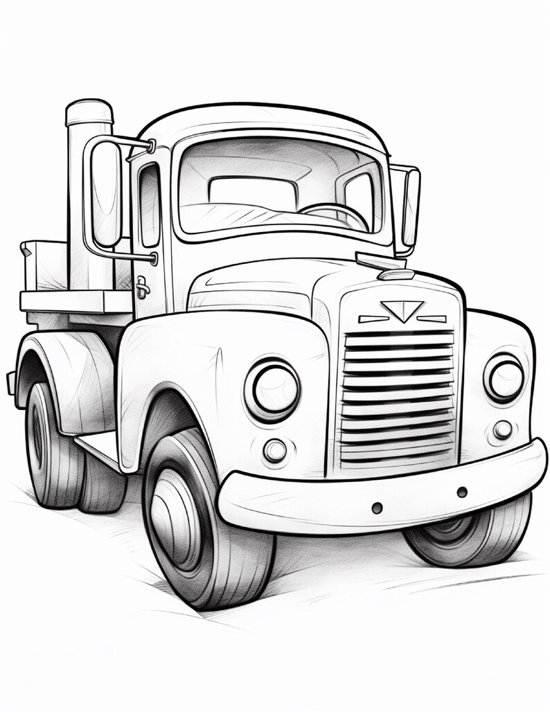 May include: A black and white line drawing of a vintage truck featuring a prominent vertical exhaust pipe, a rounded bonnet, a front grille with horizontal slats, circular headlights, and a bumper. The illustration shows the vehicle from a front angle.
