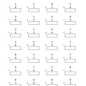 May include: A black and white educational worksheet titled Math - Addition Single Digit, featuring seven rows of four vertical addition problems. Each problem consists of two single-digit numbers stacked with a plus sign and an empty rectangular box.