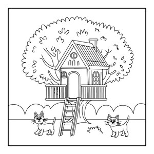 A line drawing of a treehouse with a ladder, flanked by two cats, all set in a grassy landscape.