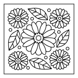 May include: A square black and white line art illustration featuring a large central daisy surrounded by four smaller daisies, four pointed leaves, and several small circles arranged in a symmetrical floral pattern on a white background.