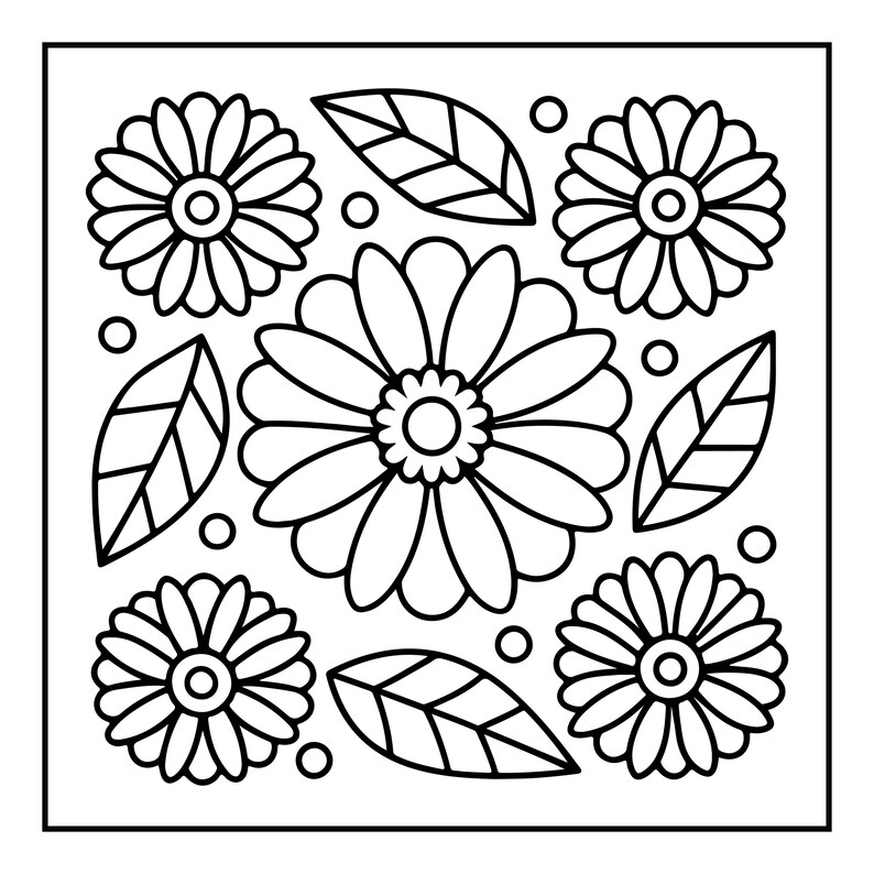 May include: A square black and white line art illustration featuring a large central daisy surrounded by four smaller daisies, four pointed leaves, and several small circles arranged in a symmetrical floral pattern on a white background.