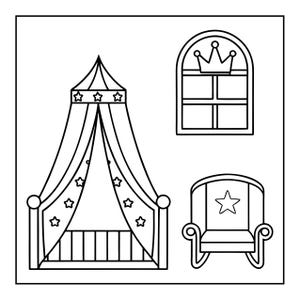 K&ouml;nnte beinhalten: Eine schwarz-wei&szlig;e Strichzeichnung, die ein Himmelbett mit Sternenmustern auf den Vorh&auml;ngen, ein Fenster mit einem Kronensymbol oben und einen Schaukelstuhl mit einem Sternmotiv auf der R&uuml;ckenlehne zeigt, dargestellt als Ausmalbild.