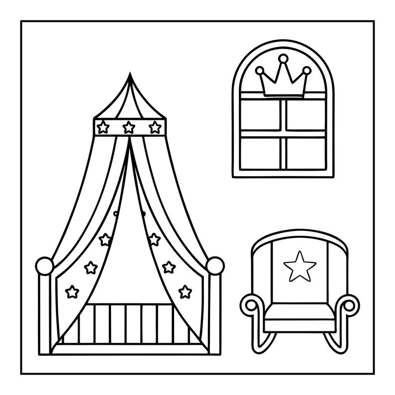 K&ouml;nnte beinhalten: Eine schwarz-wei&szlig;e Strichzeichnung, die ein Himmelbett mit Sternenmustern auf den Vorh&auml;ngen, ein Fenster mit einem Kronensymbol oben und einen Schaukelstuhl mit einem Sternmotiv auf der R&uuml;ckenlehne zeigt, dargestellt als Ausmalbild.