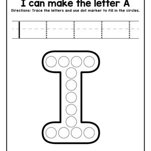 A black and white printable worksheet featuring uppercase letter I to trace and an outline of the letter I filled with dot circles, with the text I is for Ice-cream.