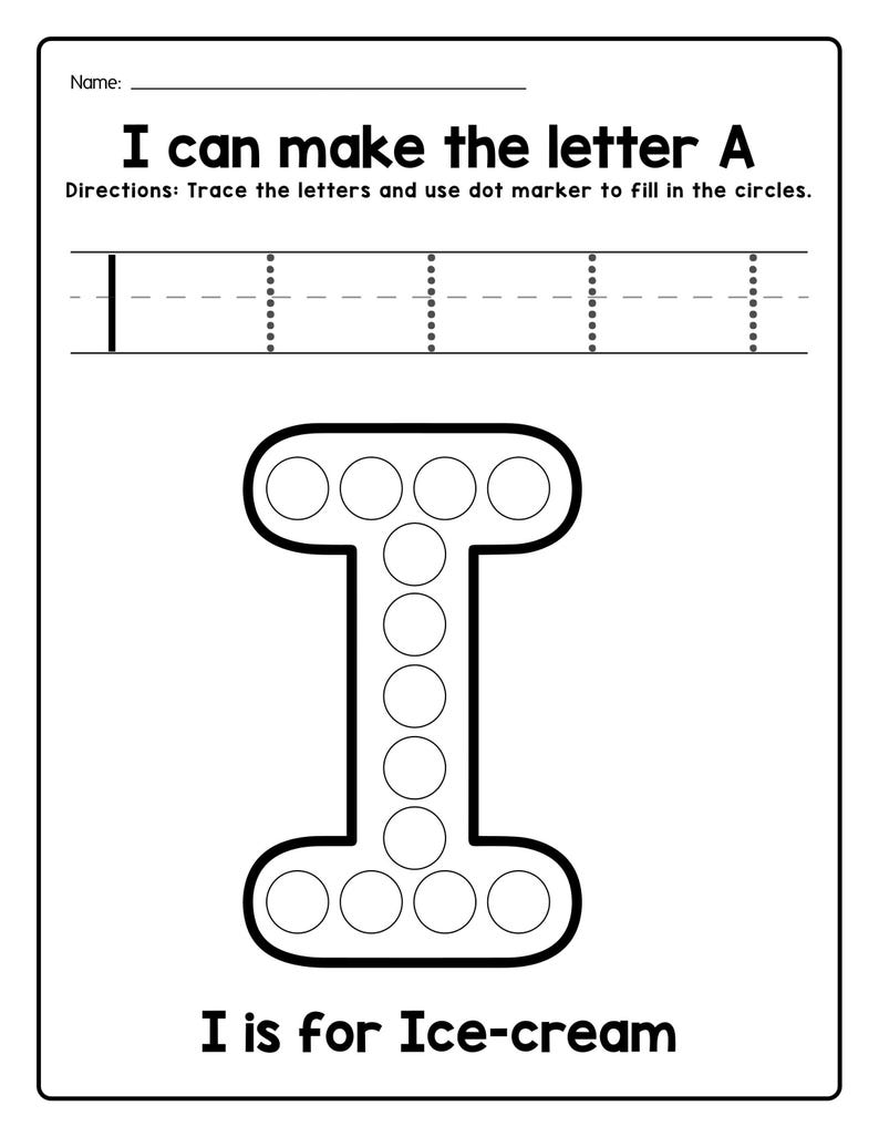 A black and white printable worksheet featuring uppercase letter I to trace and an outline of the letter I filled with dot circles, with the text I is for Ice-cream.