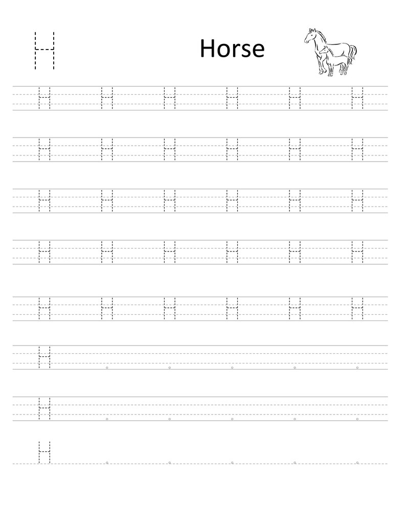 Pode incluir: Uma folha de exerc&iacute;cios educativa branca para praticar a letra H, com um desenho de linha a preto e branco de um cavalo e um potro, a palavra Horse impressa no topo e v&aacute;rias linhas de letras H tracejadas para praticar o tra&ccedil;ado.
