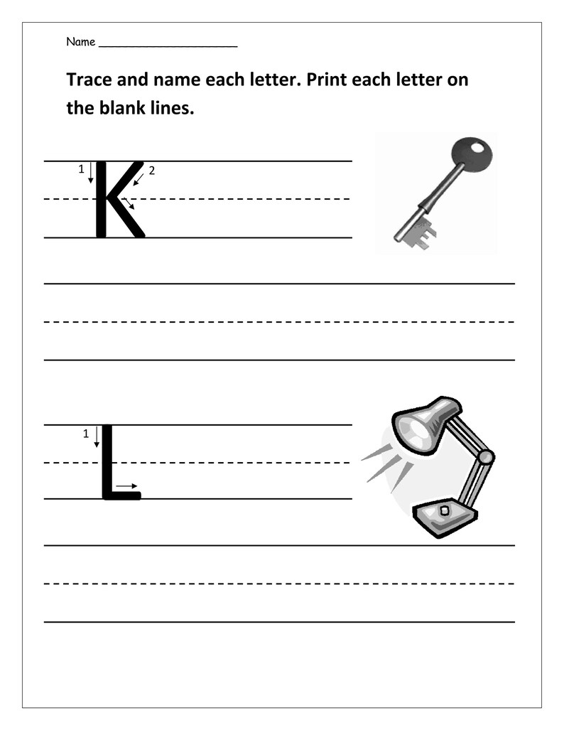 May include: A black and white educational worksheet titled Trace and name each letter. Print each letter on the blank lines. It features the uppercase letter K with directional arrows, a key illustration, the letter L with arrows, and a desk lamp.