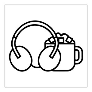 May include: A black and white line art illustration featuring a pair of over-ear headphones positioned next to a mug filled with a beverage topped with several square-shaped marshmallows. The design uses bold, clean outlines on a white background.