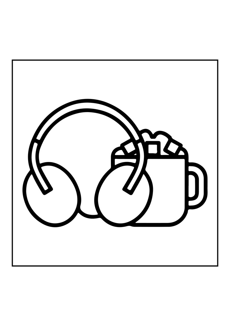 May include: A black and white line art illustration featuring a pair of over-ear headphones positioned next to a mug filled with a beverage topped with several square-shaped marshmallows. The design uses bold, clean outlines on a white background.