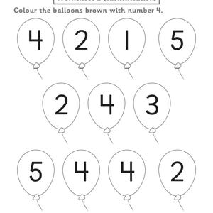 Puede incluir: Una hoja de trabajo educativa en blanco y negro titulada Worksheet 2 (Identification) con diez ilustraciones de globos, cada una con un n&uacute;mero de un solo d&iacute;gito. La instrucci&oacute;n dice: Colour the balloons brown with number 4. Incluye espacio para fecha, observaciones y firmas.