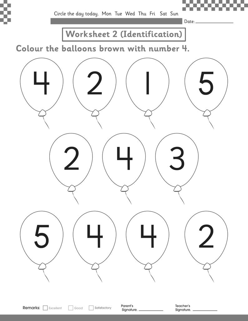 Puede incluir: Una hoja de trabajo educativa en blanco y negro titulada Worksheet 2 (Identification) con diez ilustraciones de globos, cada una con un n&uacute;mero de un solo d&iacute;gito. La instrucci&oacute;n dice: Colour the balloons brown with number 4. Incluye espacio para fecha, observaciones y firmas.