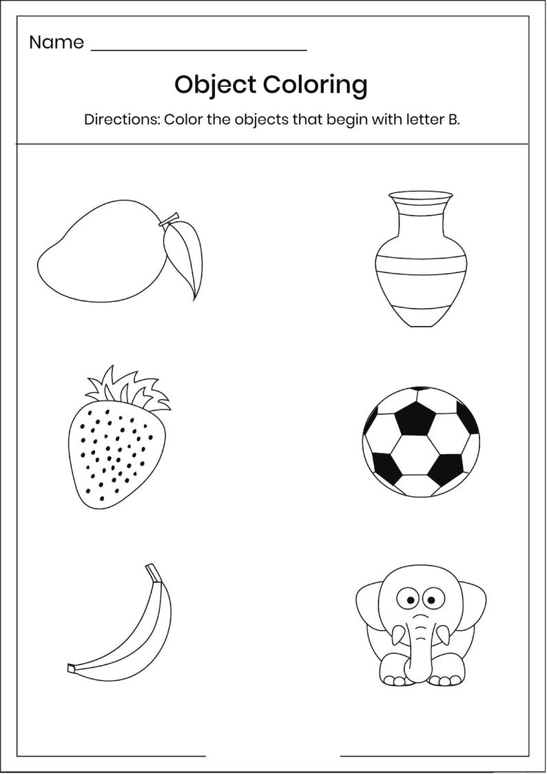 May include: A black and white educational worksheet titled Object Coloring with directions to color objects starting with the letter B. It features line art illustrations of a mango, a vase, a strawberry, a soccer ball, a banana, and an elephant.