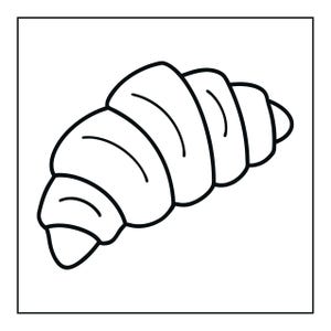 May include: A black and white line art illustration of a croissant. The drawing features a simple, bold outline of the pastry, highlighting its characteristic crescent shape and layered, folded dough segments in a clean, minimalist graphic style.