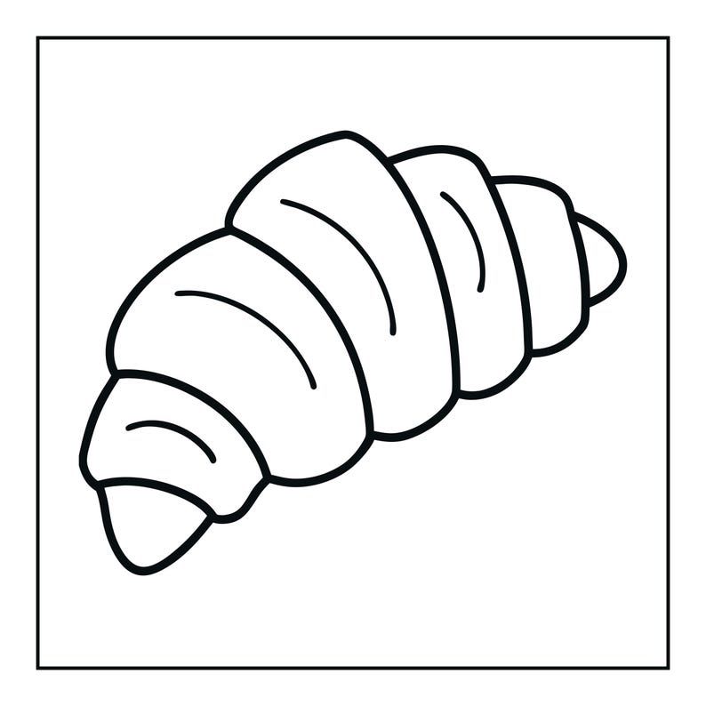 May include: A black and white line art illustration of a croissant. The drawing features a simple, bold outline of the pastry, highlighting its characteristic crescent shape and layered, folded dough segments in a clean, minimalist graphic style.