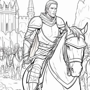Op de afbeelding: Een zwart-wit lijntekening van een ridder in harnas op een paard. Op de achtergrond staat een groot stenen kasteel met hoge torens achter een groep bereden soldaten die speren en zwaarden in een formatie vasthouden.