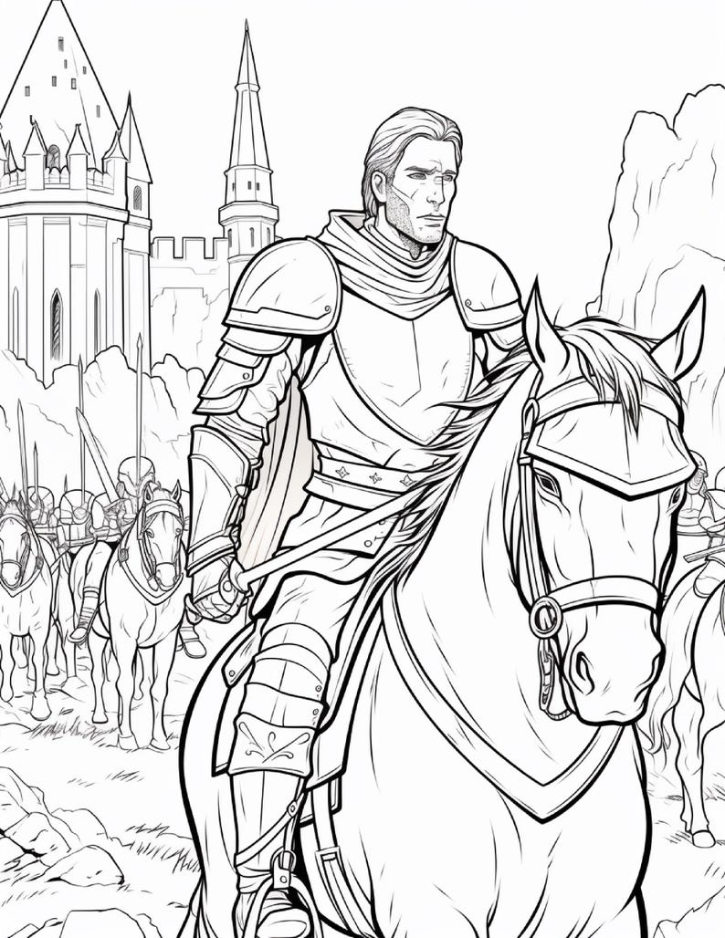 Op de afbeelding: Een zwart-wit lijntekening van een ridder in harnas op een paard. Op de achtergrond staat een groot stenen kasteel met hoge torens achter een groep bereden soldaten die speren en zwaarden in een formatie vasthouden.
