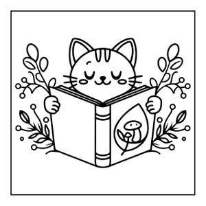 A black and white coloring page of a cat with closed eyes reading an open book, surrounded by leafy branches.