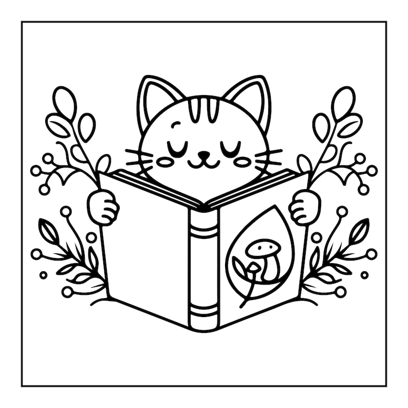 A black and white coloring page of a cat with closed eyes reading an open book, surrounded by leafy branches.
