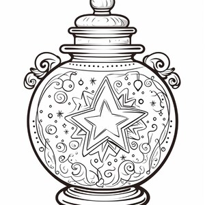 K&ouml;nnte beinhalten: Eine schwarz-wei&szlig;e Strichzeichnung eines dekorativen Gef&auml;&szlig;es mit Deckel. Das Gef&auml;&szlig; zeigt ein markantes zentrales Sternmotiv, umgeben von wirbelnden Mustern, kleinen Kreisen und sternf&ouml;rmigen Akzenten. Es hat zwei seitliche Griffe.