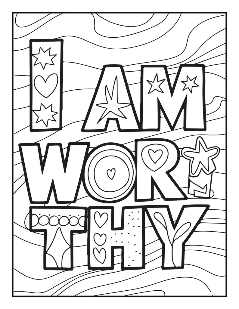 Pu&ograve; includere: Una pagina da colorare in bianco e nero con il testo I AM WORTHY in lettere stampatello spesse e contornate. Le lettere sono decorate con vari motivi tra cui cuori, stelle e cerchi, su uno sfondo di linee orizzontali ondulate.