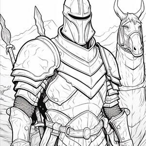 K&ouml;nnte beinhalten: Eine schwarz-wei&szlig;e Strichzeichnung eines Ritters in vollst&auml;ndiger Plattenr&uuml;stung und einem Helm mit Visier. Der Ritter steht neben einem Pferd mit Zaumzeug. Ein Speer ist hinter dem Ritter sichtbar und Bergsilhouetten erscheinen im Hintergrund.