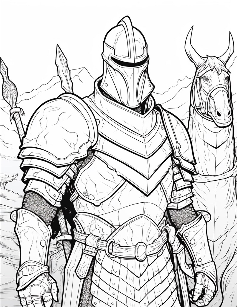 K&ouml;nnte beinhalten: Eine schwarz-wei&szlig;e Strichzeichnung eines Ritters in vollst&auml;ndiger Plattenr&uuml;stung und einem Helm mit Visier. Der Ritter steht neben einem Pferd mit Zaumzeug. Ein Speer ist hinter dem Ritter sichtbar und Bergsilhouetten erscheinen im Hintergrund.